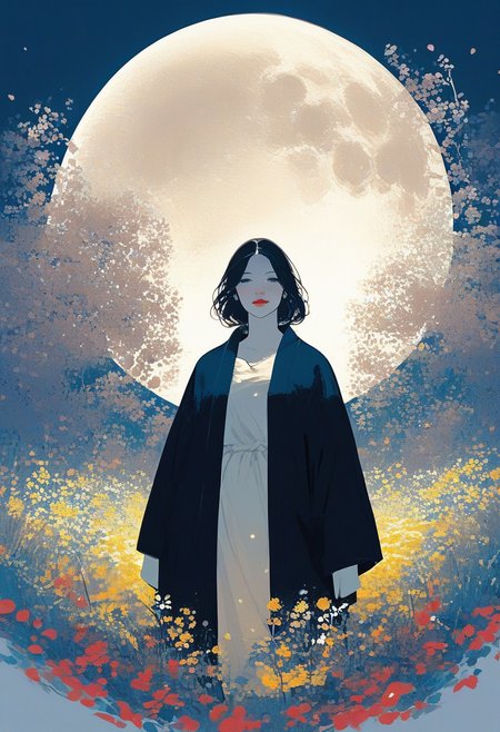 zPDXL3, 1woman, robe, moon, flowers, white skin, highly detailed,   high resolution, best quality, sharp quality,  clear quality, High-definition, smooth image, bright colors, vibrant colors, clean lines,