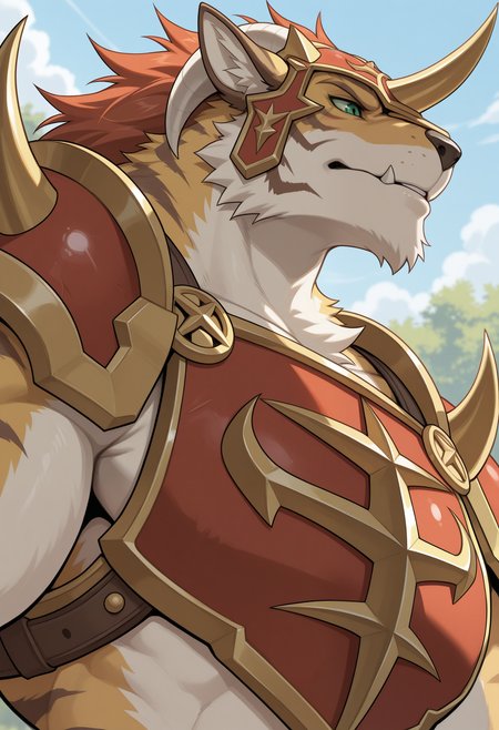masterpiece,best quality,amazing quality, 1boy, solo, L4qu4r1, furry,horned red helmet, red breastplate, close up, side angle, green sclera, green eyes, outdoors,