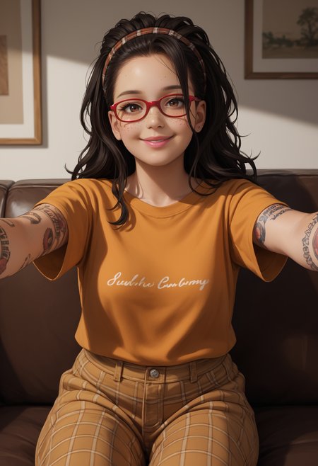 score_9, score_8_up,score_7_up, source_anime, 1girl, solo, <lora:DMCNC_pdxl_EliPot:1> Ncltt, mature female, 
black hair, long hair, brown eyes, glasses, red-framed eyewear, plaid hairband, freckles, 
arm tattoo, hand tattoo, nail polish, 
 pink lips, orange t-shirt, baggy pants, outstretched arms, blush smiling, sitting on couch, in living room, looking at viewer, pov, incoming hug,