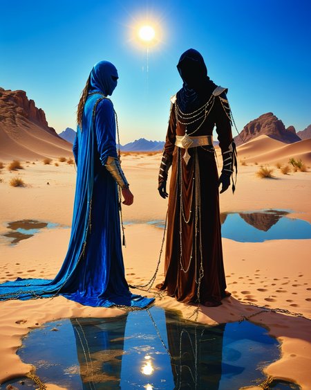hooded human sorcerer standing at a desert oasis, velvet, chains, water, reflections, blue hour, intense colors, high contrast, camel, warriors, <lora:add-detail-xl:1.0>,  <lora:xl_more_art-full_v1:0.4>,  <lora:XSfenlie:1> fenliexl, <lora:lora:1>, realistic photo