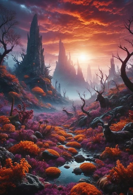 ral-apoctvisn, dark, chiaroscuro, low-key, breathtaking masterpiece showcasing a bizarre and frightening  jungle like eco system on a distant exo-planet orbiting a dim red sun,  a strange and fascinating world, an unknown millipede-like creature with orange and white patterns on it is crawling from a strange looking plant, otherwordly dark purple and blue vegetation, bio-luminescent dog-deer creature, something like a dragonfly with white and yellow patterns flies, astonishing imaginative scene for another planet, ultra realistic, captivating, highest quality, amazing bulbous rock formations in the background, realm of unparalleled biodiversity and astonishing layered plant life- somewhat like a jungle on Earth but with life, water with a greeb tint, all life in the scene is adapted to an exo-planet that orbits a red supergiant star, an unfamiliar sky with trippy clouds, flawless, 8k, UHD, crisp imagine reveals details of newly discovered flora and fauna from a strange dark world
easynegative,