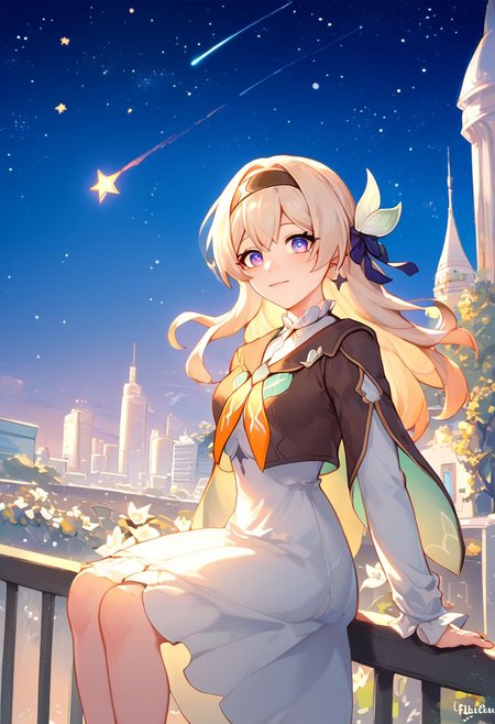 (score_5, score_7, score_8, score_9:1.2), (fisheye lens, highly detailed background, stars, shooting star, city, railing, night, twilight:1.5), (source_anime, lineart), firefly \(honkai: star rail\), jacket, white dress, long sleeves, white flower, headband