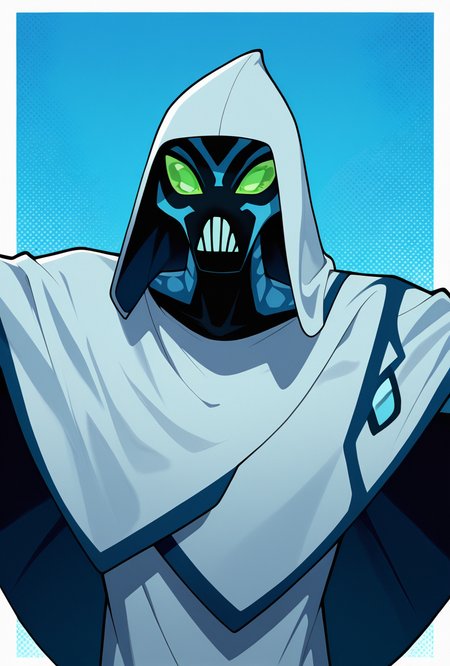 <lora:bigchill-07:1> bigchill, solo, 1boy, green eyes, blue skin, no humans, green sclera, teeth, no pupils,,  hood, cloak, blue background, dynamic pose, masterpiece, best quality, amazing quality, very aesthetic, absurdres, newest,, upper body, halftone effect, white borders, abstract background:1.2,