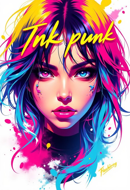 Inkpunk Anime, 1woman, colorful, text over her head says ("Ink Punk Anime"), text on the bottom says ("Flashfiring"), Beautiful eyes