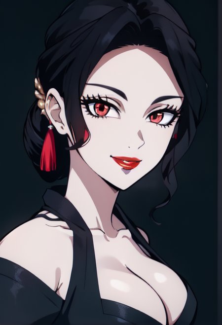 anime, simple, vibrant colors, (high res), HD, 4k, beautiful face, pretty face, cartoon, <lora:anime_screencap_v2:.3> solo focus, solo, alone, facing viewer, facing forward, (black background:1.2, plain background:1.2, simple background:1.3), (looking at viewer), 1girl, BREAK, smile, expressive, (<lora:Muzan:.7> MuzanFemale, red eyes, kimono, black hair, hair ornament, earrings, jewelry, ), huge lips, lip filler, fakelips, high quality, face in view, detailed face, mature, painted nails, (red lipstick), mascara, <lora:big_hair-1.0:1> big hair, wide grin, bimbo, bimbo lips, red lips, <lora:bodycon-cutout-v1-wasabiya:1> bodycon, patterned dress, bare shoulders, o-ring, navel cutout, large breasts, <lora:FakebreastsV4Del-000003:.8> fakebreasts, cleavage,