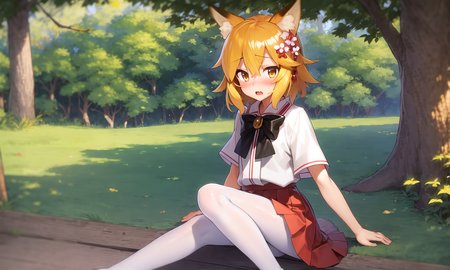 masterpiece, best quality, 1girl, solo, realistic, 1girl

senko \(sewayaki kitsune no senko-san\), senko-san, sewayaki kitsune no senko-san, animal ears, fox ears, fox girl, fox tail, hair flower, hair ornament, orange eyes, orange hair, rimukoro, short hair, tail, flat chest, full body, embarrassed,

red skirt, white pantyhose, from upside, forest,

outdoors, <hypernet:abyss_orange_mix_senko_by_rimukoro-5000:0.7>