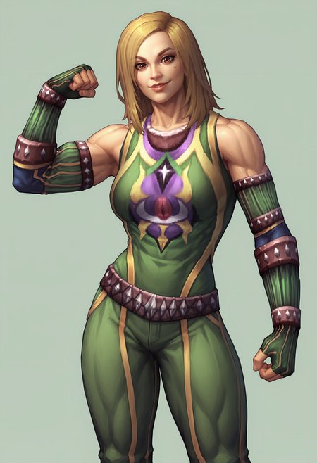 score_9, score_8_up, score_7_up, score_6_up, score_5_up, score_4_up, 1girl, <lora:KerriHicks:0.75>  solo, breasts, blonde hair, brown eyes, lips, pants, gloves, elbow gloves, fingerless gloves, bare shoulders, standing, muscular, muscular female, bodybuilder, flexing, smile, looking at viewer, 
(light blue background), simple background,