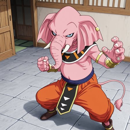 2d, solo, 1boy, Rumsshi, male, furry, furry male, elephant, animal ears, pink body, pink tail, blue sclera, black eyes, tusks, white fingernails, golden bracelets, Golden armlets, Golden earring, orange baggy pants, dark blue sash belt, brown shoes, Egyptian clothing,

BREAK fighting stance, dojo, looking at viewer, serious

BREAK best quality, amazing quality, very aesthetic, absurdres, newest, masterpiece, high quality