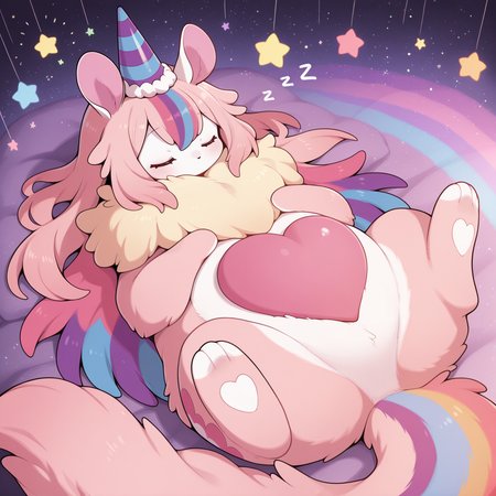 melffy mommy,party hat,heart,closed eyes,no humans,sleeping,star \(symbol\),rainbow,solo,blush,1girl,animal focus,pink fur,animal nose,lying,no mouth,full body,
masterpiece,best quality,amazing quality,very aesthetic,absurdres,newest,<lora:Melffy Mommy illuXL v1.1:0.75>,