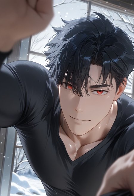 //General, masterpiece,best quality,amazing quality, source_anime, intricately detailed illustration, very aesthetic, absurdres, newest, anime coloring, subsurface scattering, , natural lighting, Expressiveh, detailed skin, shiny skin,aesthetics light, depth of field, vibrant colors,
//Fashion, black shirt, long sleeves, 
//Background, castle interior, indoors, snow background outside the window, 
//Others, 1boy, male focus, solo male, manly body, 
//Action, looking at viewer,  light smile, close up, upper body,
BREAK,
anos_voldigoad, black hair, red eyes