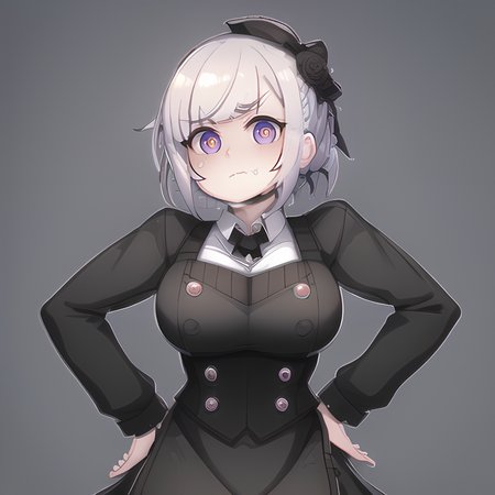 a woman, apron, moody face, goth, <lora:DX:1>