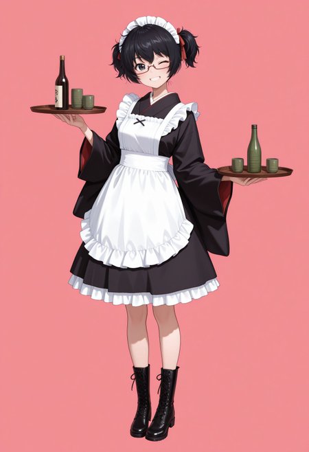 masterpiece,best quality,absurdres,highres,very aesthetic,high quality,detailed,insanely detailed,beautiful,perfect lighting, looking at viewer 
 <lora:Oryou illu:1>1girl, glasses, cross-laced footwear, standing, one eye closed, smile, maid headdress, black hair, under-rim eyewear, holding tray, lace-up boots, maid apron, black footwear, japanese clothes, looking at viewer, wa maid, short ponytail, frills, black eyes, messy hair, cup, short twintails, hair ribbon, grin, long sleeves, white apron, alternate costume, short hair, medium dress, kimono, wide sleeves, enmaided, red background, alternate hairstyle, full body, frilled apron, pink background, bottle, red ribbon, frilled dress, , black dress