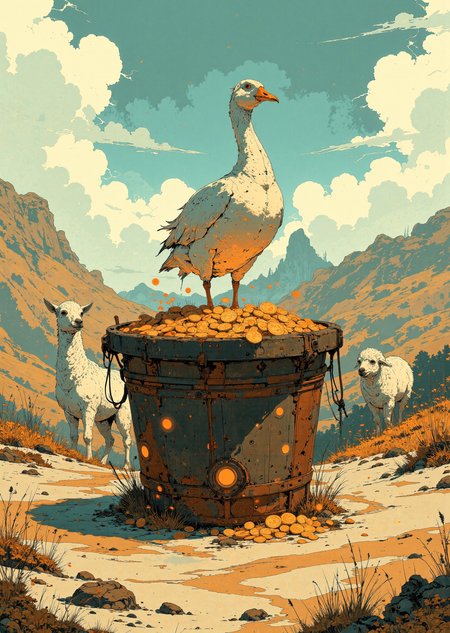A whimsical scene set in a serene, desert-like landscape with rolling hills and distant mountains under a clear sky. At the center, a proud white goose sits atop a weathered, rusty bucket filled with golden coins, exuding an aura of surreal charm. Beside the bucket, a pure white alpaca stands gracefully, its fluffy fur gleaming under the sunlight. On the other side, a white sheep with a soft, woolly coat peacefully grazes, creating a balanced and harmonious composition. The environment features sparse vegetation with dry grasses and small shrubs, enhancing the rustic and tranquil atmosphere. The overall style is painterly and richly detailed, emphasizing the contrast between the fantastical elements and the natural, muted tones of the background.
<lora:Anime v1.3:1.2> <lora:Blue_Future:0.9> <lora:Ethereal_Brush_Anime_v1.0:0.6> <lora:It's a LoRA for portraits, BUT! actually specialized in backgrounds. v1.0:0.2>