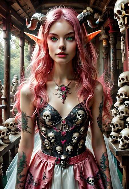 ((photorealistic)), ((1girl)), ((small_breasts:1.6)),  score_9, score_8_up, score_7_up, score_6_up, score_5_up, ((25 years old)), detail face, long wavy hair, (((pink hair))), pink wavy hair, wavy hair, absent minded, perfect eyes, detailed skin, detailed decoration, warrior princess, arrogant, aloof, fancy dress, long dress, ball gown, ((diadem made of skulls)), ((diadem, made of skulls)), ((magic eyes)), ((green eyes)), horns, mystic background, shrine, elven shrine, science fiction, ((chest focus)), glowinglora, ((NightElf)), t4ts, tattoos, tattoo