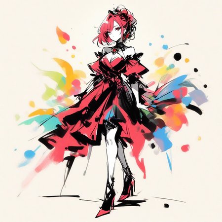 inksketch, a woman, colorful, full body, beautiful red and black dress