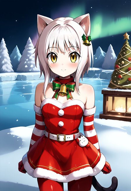ctiank0nek0, cat ears, cat tail, christmas, dress, bare shoulders, bell, striped, red dress, neck bell, belt,medium shot, centerfold, looking at viewer,  cute Scaislwanglamb, sky, outdoors, aurora, Snow, starry sky, Water, Cloud, Night, Waterfall, background, ,Tr33,scenery,tree,outdoors,christmas tree,snow,christmas