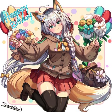 1girl,dapted costume, ahoge, animal ears, aqua eyes, black thighhighs, boots, bouquet, braid, brown cardigan, brown footwear, cardigan, character name, closed mouth, english text, flower, foot out of frame, fox ears, fox tail, green eyes, hair between eyes, happy birthday, head tilt, hood, hood down, hooded cardigan, long hair, long sleeves, miniskirt, pleated skirt, red skirt, side braid, single braid, skirt, sleeves past wrists, smile, solo, standing, standing on one leg, tail, thighhighs, very long hair, white hair, yellow flower, zettai ryouiki