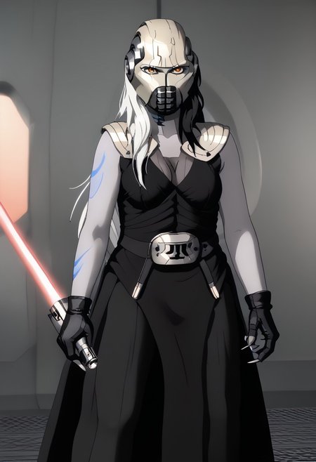 White and black hair,black,split-color hair, long hair, red eyeliner,grey skin,ayameMashiba,body tattoos, orange eyes,  full body,1girl, white hair, face paint, sith eyes,eyeliner,1girl, solo, yellow eyes,starkiller-armor, star wars, science fiction, robot, mecha, claws, armor, aircraft, no humans, realistic, helmet over face, military, alien, face helmet, 
 full body, spacecraft interior, holding, lightsaber, spl1th41r, two-tone hair,long hair, 
 female, medium breast, tall, zzLightSaber,detailerlora,clawed gloves,holding weapon,arm tattoo,large ass,claws