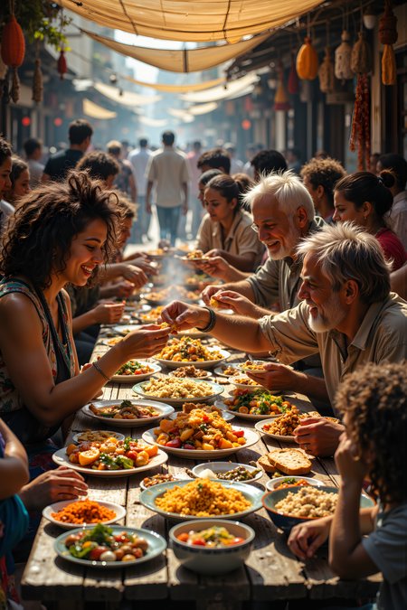 In a vibrant, crowded marketplace filled with the scent of spices and the sound of bustling voices, a group of strangers from different walks of life sit together at a long, wooden table, sharing a meal. The table is overflowing with colorful dishesâbright fruits, roasted vegetables, and steaming bowls of fragrant riceâeach plate reflecting the diverse cultures and traditions of the people gathered around it. The sunlight filters through the canopy of cloths strung above the marketplace, casting a warm, golden glow over the scene as laughter and conversation flow freely. At one end of the table, a woman with dark, curly hair and deep brown skin leans in to offer a piece of her bread to the elderly man beside her, his pale, weathered face breaking into a grateful smile. A child with bright, curious eyes and a head full of unruly curls reaches across the table, grabbing at a piece of fruit with a playful grin, while a man with calloused hands and sunburned skin chuckles and pushes the plate closer. Despite their differences in age, background, and language, the shared meal creates a sense of community and connection. , detailed background  Fantastic lighting. Detailed shadows.intricate details, vivid colors, hyper-detailed, ultra-sharp, High resolution, high detail. Highly detailed. <lora:FluxMythR3alisticF:0.4><lora:midjourney_whisper_flux_lora_v01:0.4><lora:aidmaMJ6.1-FLUX-V0.1:0.4><lora:Movie_Portrait:0.4><lora:Flux DetailerV2:0.4>