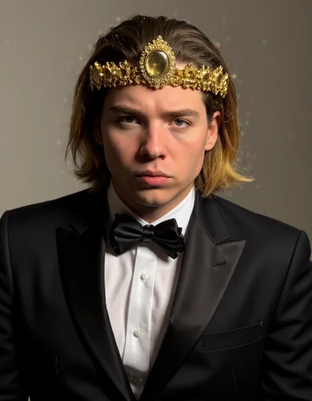 Matthis Coleman is wearing a black suit and a golden jeweled crown, depth of field 100mm,  <lora:Matthis_Coleman_FLUX:1>