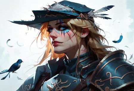 score_9, score_8_up, score_7_up, concept art, realistic, BREAK, 1woman portrait, beautiful, dramatic lights. lucatielofMirrah, Lucatiel, LucatielDS2, blonde, scar, hat, leather armor, blue eyes,  facepaint, green facepaint, feathers on hat, feathers,