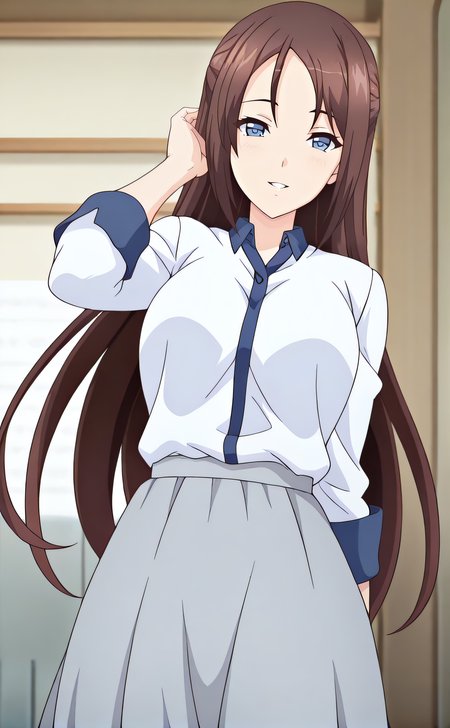masterpiece, best quality, highres, newest, 1girl, solo, official style, anime screencap, <lora:IL_Okinaka_Yurina:1>, yurina, brown hair, blue eyes, white shirt, grey skirt, long skirt, looking at viewer, smile, indoor, cowboy shot, hand on hair, parted lips