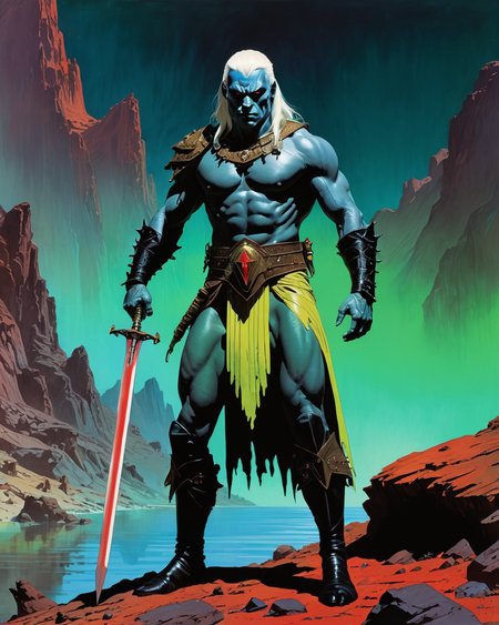 warrior on Mars, John Carter Warlord of Mars, Frank Frazetta, Vallejo, albino, blood, black armor, detailed face, full body, water, reflections, transparency, vibrant intense color, neon, glowing light, The Valley of the Lost, Kay Nielsen, neon, crimson, green, yellow, blue, realistic photo, <lora:add-detail-xl:1>, <lora:xl_more_art-full_v1:0.8>