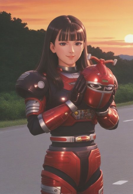 anime screencap, anime coloring, hires, 4k, sharp,
solo, 1girl, cowboy shot, detailed face, perfect face, anime face, 
dark hair, long hair, blunt bangs, dark eyes looking at viewer, medium breasts, smile,  (covered neck), BREAK
R3ddle, black shirt, extend hands, holding big r3ddle helmets, r3ddle gloves, r3ddle bodysuit, r3ddle belt, helmet removed, helmetless,
outdoors, road, sunset, dramatic lighting
<lora:DetailedPerfect_hands_r1:1>    <lora:coveredneck_v1-000006:0.8>