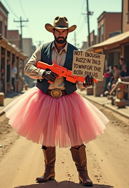 cinematic style of Sergio Leone. in dusty street in an intense shoot out, adult gunslinger, the man with no name dressed entirely as a ballerina with a flouncy pink tutu and armed with nerf guns. holding sign "not enough buzz in this town for the both of us"no pants. rugged cowboy boots. brightly colored Nerf guns. serious old west shoot out. He wears a serious expression, Nerf guns and tutu in perfect harmony. unflinching demeanor. front view,  old film. determined expression. action shot. fast action old west movie,