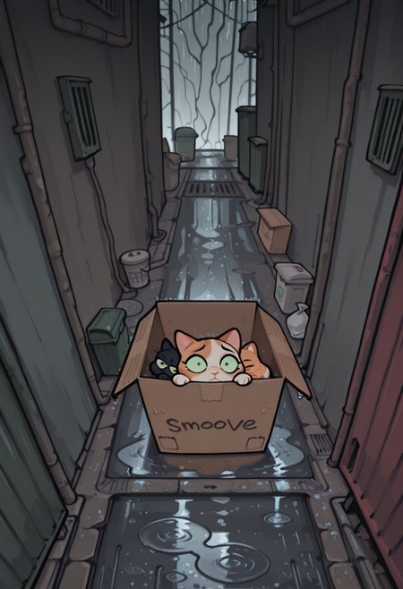 smoove,
animal_focus, two cats, small, cute, adorable, sad, scared, cats under cardboard box, cats in cardboard box, from above,
alley, trash, dumpster, cardboard box, rainy, wet, rain, storm,  puddle, no_humans, dark,
 <lora:Smoove_-_Bridgetoons_v2:1>, masterpiece, best_quality, amazing_quality, very_aesthetic, 8k, high_quality, highres, absurdres, subject_focus,