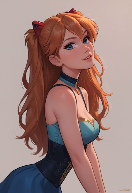 score_9, score_8_up, score_7_up, score_6_up, score_5_up, score_4_up, asuka langley, closeup portrait, redhead, black strapped corset with gold trim, long tusk blue skirt, turquoise shirt with standup collar, young face, skinny, turning to face viewer, head tilt, 1girl, portrait, medium breasts, looking at viewer, kinky, adorable, petite, skinny, side view, looking at viewer, round face, 18 years old, cutest girl in the world