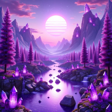 "Majestic mountains covered in sparkling amethyst crystals, rivers flowing with glowing violet water, trees adorned with faceted gem-like leaves, the sky painted in hues of lavender and magenta, and a radiant sun casting a soft, mystical purple glow over the entire scene