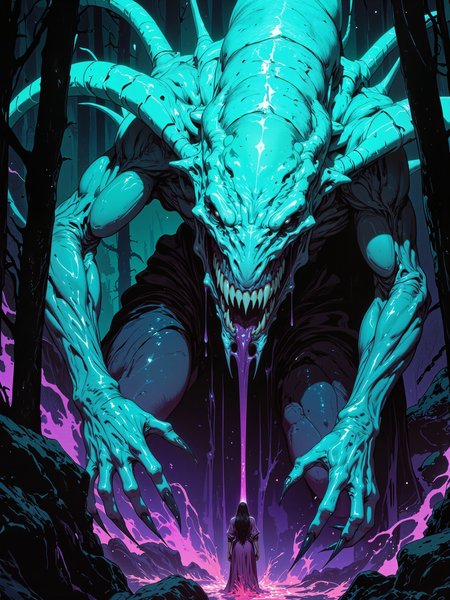 famous artwork, hyper-realistic, photo-realistic, award-winning 80s cinematic fantasy movie still in an otherworldly jungle, highly aesthetic, high resolution, uhd, 8k, 4k, dramatic, epic, meticulous, accurate, at night, golden ratio, perfect claws, in the heart of the jungle, where shadows dance and bleed, a beautiful chaotic melody, where depravity finds its seed, neon lights paint a picture, of a world immersed in sin, a collision of emotion and violence, where numbness dwells within, eldritch horror, ancient temple, lurking doom, ancient ruin, neon hues, the color palette is predominantly teal and deep purple and night blue, lovecraftian, cthulhu mythos, ovg, in the style of ckpf, nistyle, <lora:style-nistyle-manga_sketch_and_detail-flux-by_ajuro:0.28> <lora:style-painterly_fantasy-flux-by_chronoknight:0.6> <lora:style-retro_anime-flux-by_lizardman245:0.36>
