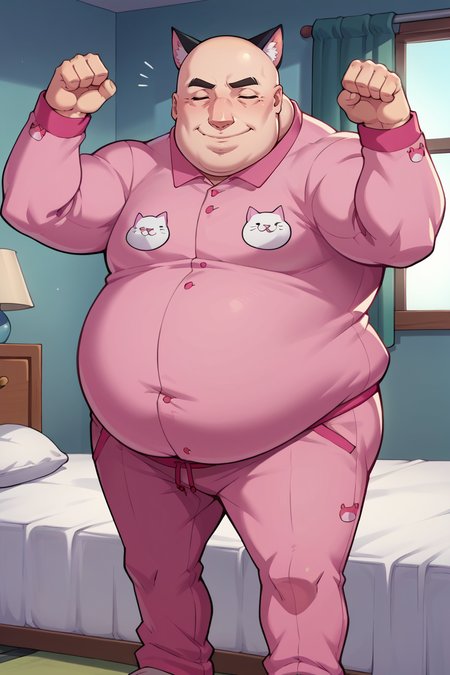 score_9, score_8_up, score_7_up, score_6_up, source_anime, BREAK male focus, solo <lora:p5kobayakawa-pdxl-nvwls-v1-000005:1> p5principal, fat man, obese, bald, pink pajamas, cat print, pajama pants, bed, cat ears, paw pose, closed eyes, happy