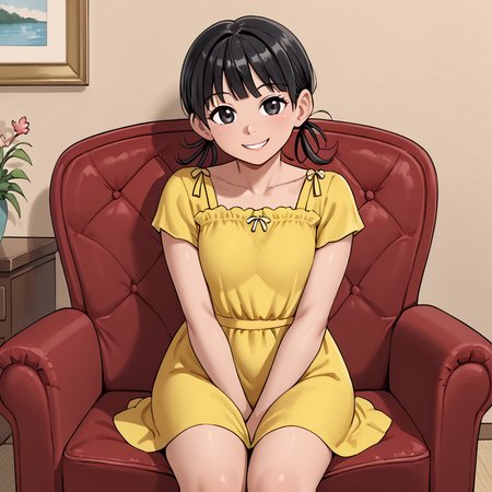 indoors,  <lora:MagaliV2:1> MagaliTDM, 1girl, solo, short-sleeved yellow dress, black hair, three strands of hair that seem to resemble pigtails, black eyes, short, smile, sitting, armchair
