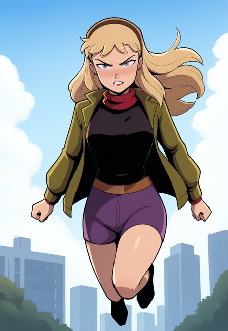 masterpiece, best quality, 32k, high resolution, absurdres,  gwen stacy, shirt, floating hair, outdoors, full body, looking at viewer, open clothes, scarf, brown hairband, angry