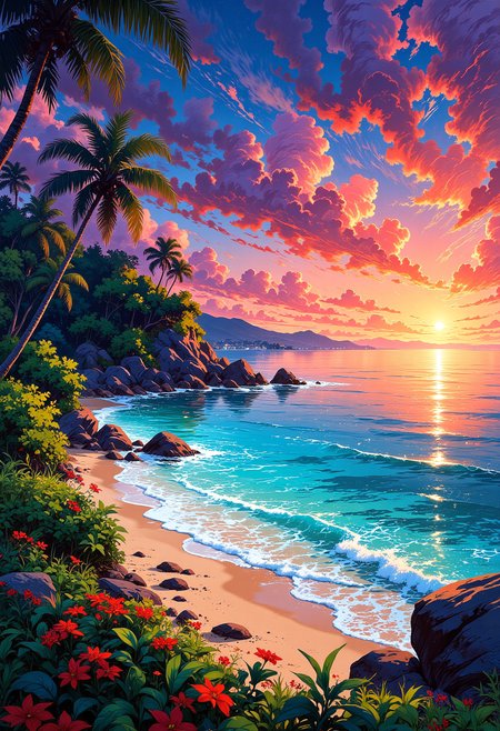 A tropical vacation, landscape, tourism, colorful, vibrant glow
