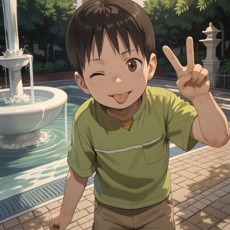 score_9, score_8, score_7, break, solo, male child, cute, yuuki_o, 1boy, black hair, short hair, brown eyes, shirt, shorts, one eye closed, tongue, v, looking at viewer, fountain