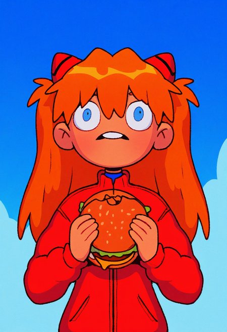 x3t4, masterpiece, cartoon,   best quality, detailed,  solo,   asuka langley, ginger hair, red uniform,  suprised,  blue sky, holding burger, mouth wide open, buck teeth, weird, wide eyes,