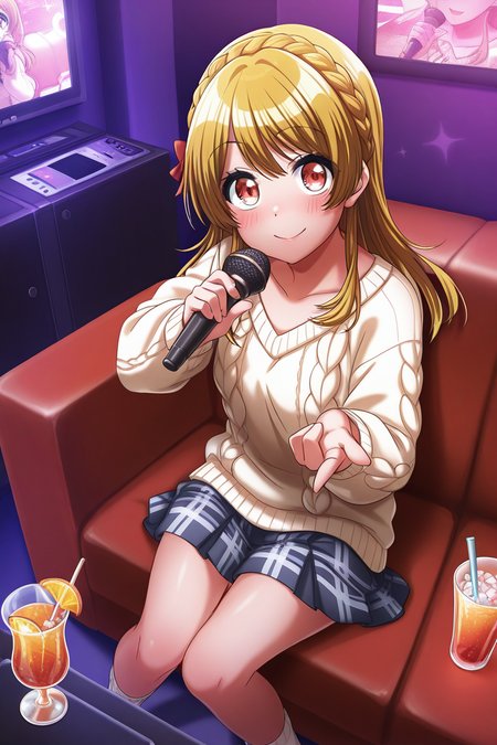 masterpiece, best quality, amazing quality,
 <lora:RinkuV2_IL:1> rinku, 1girl, karaoke, skirt, microphone, solo, braid, couch, long hair, smile, red eyes, sweater, holding, looking at viewer, sitting, socks, drink