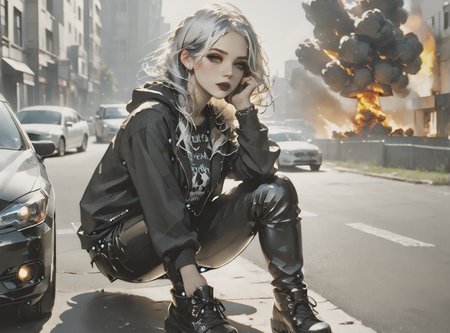 score_9, score_8_up, score_7_up, Environmental scene, character off to side, sitting in repose enjoying the view, woman, pale skin, huge breasts, <lora:sm0k3XLP:1>, <lora:goth_clothes:1>, goth casual clothes, jewelry, black stockings, black shorts, Black hair, white highlights, <lora:_sdxl-gaming-pony:1>, <lora:Nuclear_Explosion:1>, nuclear explosion in background,