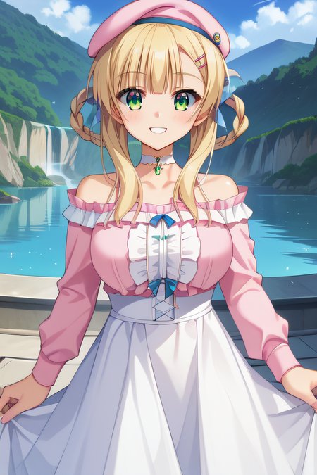 score_9, score_8_up, score_7_up, source_anime, rating_safe, intricate details, anime screencap, official style, 1girl, solo, <lora:Sylvia_le_Cruzcrown:1>, sylvia, blonde hair, green eyes, hairclip, braided hair loops, hair rings, sidelocks, large breasts, white choker, pink beret, collarbone, off shoulders, pink shirt, frilled shirt, long sleeves, white skirt, long skirt, looking at viewer, smile, teeth, outdoor, cowboy shot, frontal view