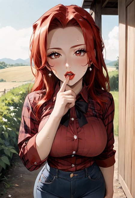 score_9, score_8_up, score_7_up, 1girl, (Full metal alchemist, Winry Rockbell), BREAK, 1woman, Yurina_Suzukaze, focus from above, (finger_to_mouth), (shushing), looking at viewer, blushing, sweat, cupping breasts, proud, moaning, solo, seductive, (cute), looking at the viewer, thin, fit body, bubble butt, (Yurina_Suzukaze, long hair, Red hair, hair intakes, (red eyes:1.2), red eyebrows, red lipstick, eyelashes, black eyeliner, small waist, wide hips, big ass), huge breasts, wide eyes, plaid shirt, button-up, collared shirt, plaid shirt, red shirt, sweating, open, (red shirt, plaid shirt), denim, jeans, arched back, standing straight, 
Outdoors, farm, blue sky, sunny