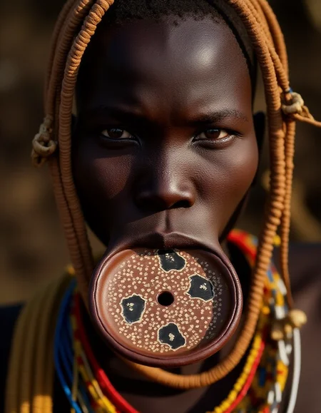 a Murs1 woman, showcasing her distinct facial features and traditional adornments. Her skin is a rich, deep brown, with high, prominent cheekbones and a broad, flat nose, emphasizing her striking natural beauty. Her piercing gaze exudes strength and wisdom, a reflection of her cultural resilience. Her ears are adorned with intricately designed wooden or clay plugs, extending her earlobes in traditional style. Around her neck are multiple layers of carefully hand-strung, colorful beaded necklaces, each bead telling a story of heritage and identity. Her hair is styled in short, tight braids coated with organic mud and natural pigments in earthy ochre tones. The iconic large ceramic lip plate (dhebi a tugoin) accentuates her appearance, decorated with fine hand-painted patterns symbolizing Murs1 artistry. Every detail, from her facial features to her traditional jewelry, is rendered in highly realistic textures and vibrant detail, capturing the essence of her identity within the cultural context.
<lora:mursi:1>
 <lora:dark art movement style v1:1> dark art movement style, beautiful light set up,  dynamic range  lighting, RAW candid cinema, 16mm, color graded portra 400 film, remarkable color, ultra realistic, textured skin, remarkable detailed pupils, realistic dull skin noise, visible skin detail, skin fuzz, dry skin, shot with cinematic camera