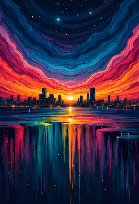 cinna flow, A mesmerizing starry night sky and futuristic city skyline, sculpted entirely from thick, dripping, multicolored paint. The buildings and sky flow like liquid neon, created with bold, impasto strokes of red, blue, green, yellow, orange, and purple. The skyline appears as if melting, with vibrant paint cascading down like dripping wax, creating a surreal, dreamlike effect.