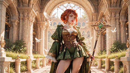 (blurred background), 8k, best quality, depth of field, dynamic lighting, high detail, masterpiece, photorealistic, realistic, ultra-HD, very aesthetic, (fashion photoshoot:1.1), 1girl, Dynamic pose, outdoor Scottish highlands, vivid sunset hues, fantasy setting. A striking redhead woman, (distinctly Scottish), wearing an elaborate elven inspired gown is a fusion of deep emerald green and earthy browns, with intricate Celtic knotwork embroidery in gold thread, Flowing sleeves, a fitted bodice, short skirt, fiery red hair is styled in a cascade of loose curls, green eyes, stands atop a grassy knoll, overlooking a misty loch. In her hands, she holds an ancient, rune carved staff, emanating a soft, other worldly glow., (contrapposto), Stabitha_Strangula