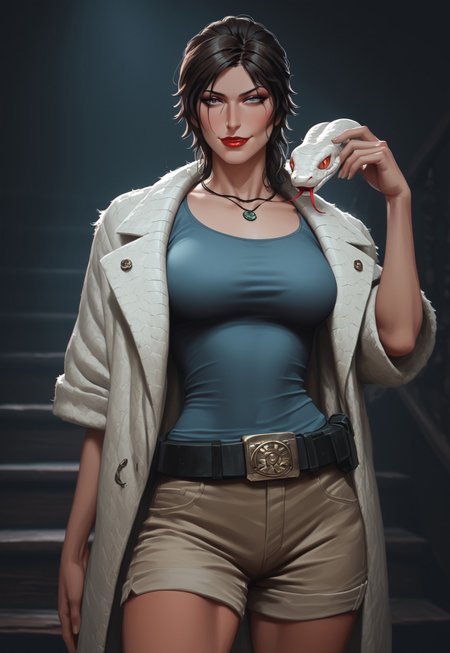 score_9,score_8_up,score_7_up,score_6_up, Expressiveh,Jed-LraC ,Lara Croft , A tight tank top, short shorts, combat boots, belt,  tomb raider, super detailed, super high resolution, 1girl, solo, looking at viewer, indoors, ornate wooden stairs, <lora:Snake_on_Shoulders:0.8> sn4k3, snake, cowboy shot, snake on shoulders, head resting in hand, white fur coat, fluffy coat, makeup, night time, smirk, red lipstick,, masterpiece, best quality, good quality, newest