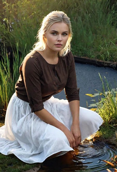 longshot, (realistic, ultra_realistic, 4k, 8k, hyper_realistic), a beautiful [Scandinavian] woman in dark brown blouse and long white underskirt, sunrise, (beautiful cute realistic faces, expressive eyes), realistic rendering, dusky, squatting and sitting on the steps of a pond:0.9, ((washing clothes in the pond:1.5)), ((looking away:0.5)), exposed thighs, ((body covered with soap froth:1.3)),