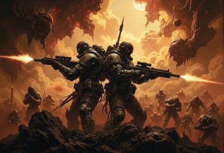 concept art . Frank Frazetta fantasy oil painting (art by Zdzislaw Beksinski:2), two space marines back to back, taking aim, firing guns, muzzle flash, epic, holding guns, heroic, glorification, god rays, backlit, action picture. surrounded by countless monsters with glowing eyes. grimdark, mythp0rt, FredFraiStyle <lora:- Flux1 - vanta_black_V1.0.safetensors:0.5>, <lora:FredFraiStyle-FLUX-Share.safetensors:0.75>,  <lora:Warhammer_Rogue_Trader_Style_flux-000021.safetensors:0.5>, UltraM40k <lora:ARTifacts.safetensors:0.5>,  <lora:Movie_Portrait.safetensors:0.5>,   <lora:frazetta_flux_v2-000150.safetensors:0.5>,  <lora:flux_sparklycism.safetensors:0.66>,   . digital artwork, illustrative, painterly, matte painting, highly detailed
