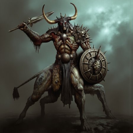 first person pov, 3D01S, simple background atmospheric and powerful dark fantasy, natural organic and first person pov of a berserk style 
 a fearsome centaur, Slaughtaur, a grotesque fusion of man and beast from the Hexen universe. The centaur has a hulking, muscular human torso that merges into a four-legged beastly lower body. Its upper body is covered in jagged, battle-worn armor, with broad spiked pauldrons curving outward like horns. Its helmet, sharp and angular, hides its face, but glowing red eyes peer through a skull-like visor. One arm wields a massive spiked shield with a grimacing demonic face, while the other clutches a brutal, notched sword, its edge dripping blood.
The Slaughtaur’s  centaur lower body is muscular and armored, with dark fur patches and metal plating that follow its powerful frame. Its legs end in clawed hooves, cracking the ground with every step. Jagged ridges run along its back, highlighting its predatory form. Scars cut across its torso, visible through the cracks in its armor. The circular, serrated shield looks like it could also serve as a deadly weapon, further emphasizing the Slaughtaur's terrifying presence.
UHD letterboxed game trailer frame chromatic aberration dark atmosphere sharp masterpiece with a focus on the character, elden ring style, dark atmosphere, chromatic aberration